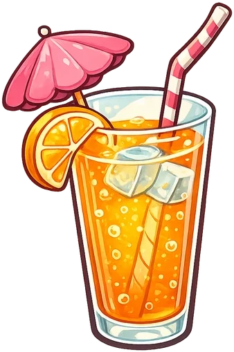 A tall glass of orange soda with a paper umbrella and striped straw