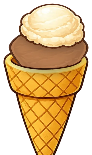 A waffle cone with chocolate and vanilla scoops